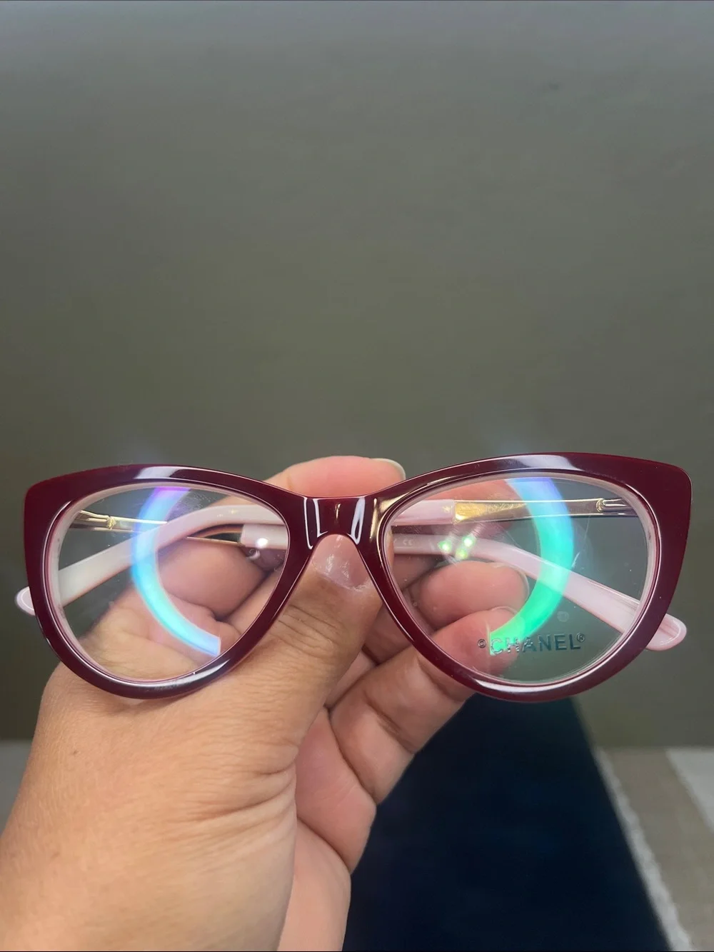 CHANEL Women's Cat-Eye Glasses in Burgundy with Light Pink Temples